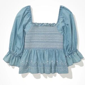 American Eagle Babydoll Peplum Top Smocked Chambray Embroidered Puff Sleeve M